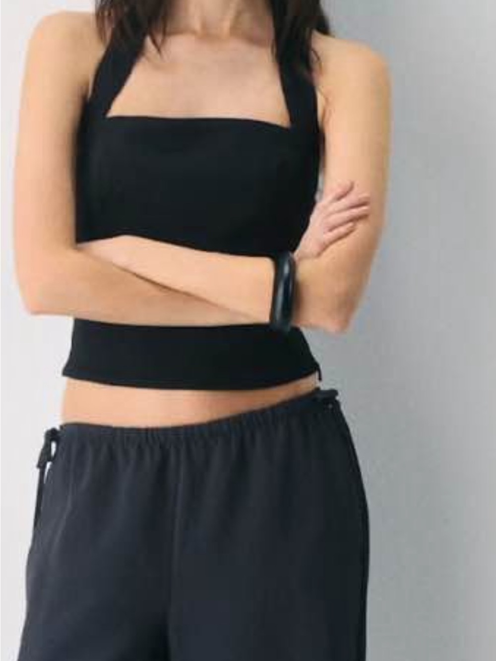 Black Strapless-Look Linen Blend Top